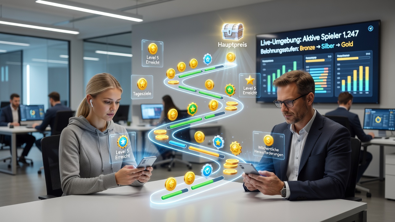 Darstellung von Gamification-Elementen in einer mobilen Live-Gaming-App mit Belohnungsstufen und Fortschrittsanzeigen