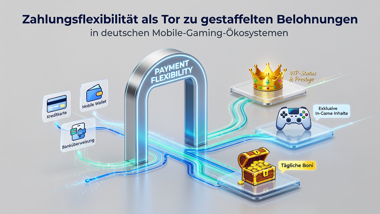 Illustration gestaffelter Belohnungsstrukturen mit Zahlungsoptionen in deutschen mobilen Gaming-Apps