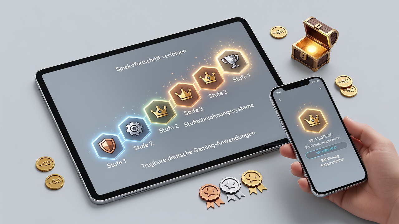 Darstellung gestaffelter Belohnungssysteme in mobilen deutschen Gaming-Apps mit Fortschrittsanzeigen und Tiers